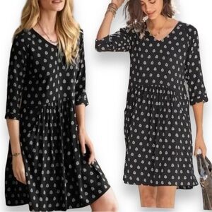 Garnet Hill Shift Dress Size 2 Drop Waist Black White Boho Print Pockets Flowy